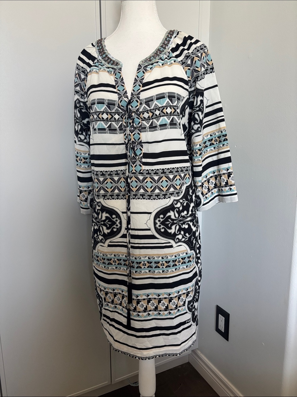 Hale Bob Black, White & Teal Patterned Tunic Dress